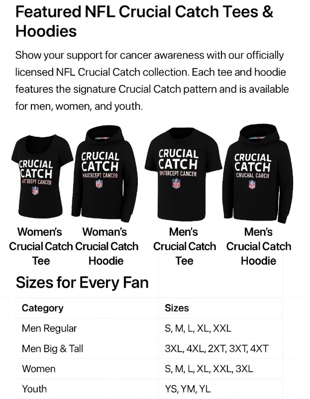 Crucial Catch Tee Shirt and Hoodie Size Availability Infographic
