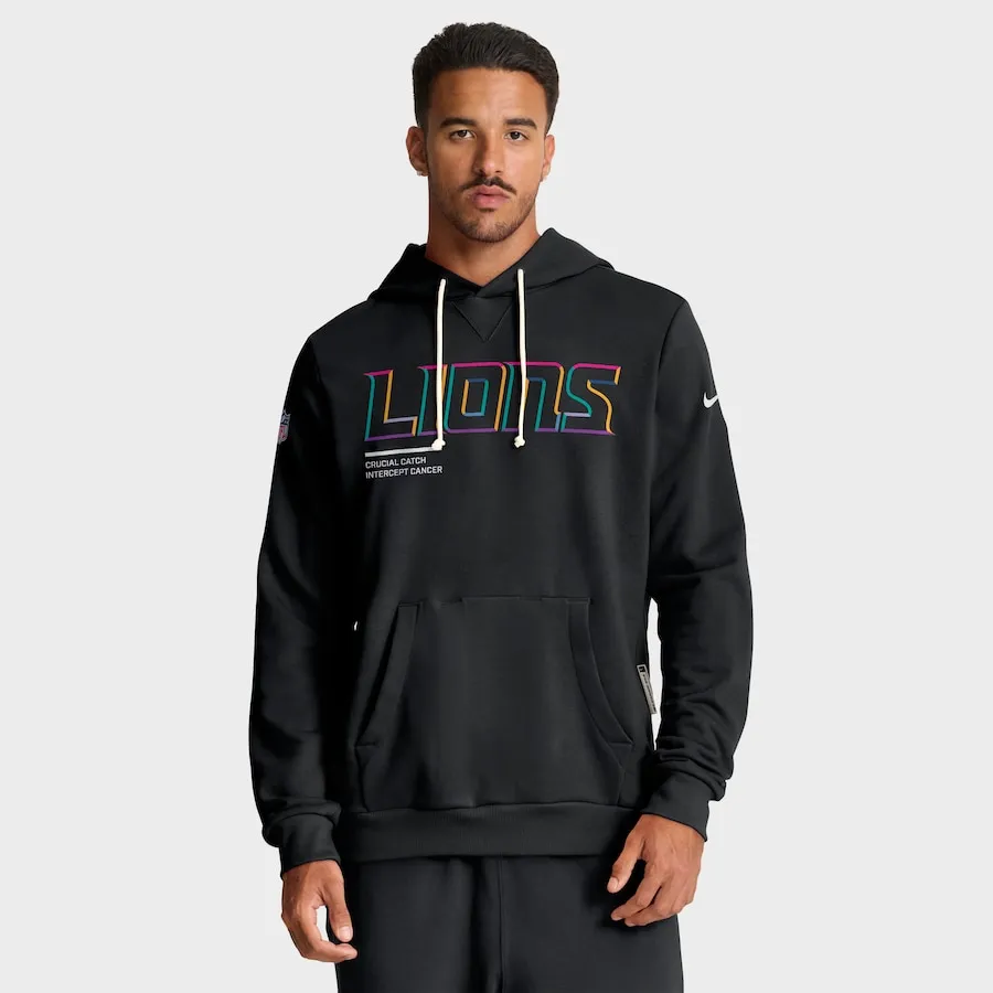 Front view of men's black Detroit Lions Crucial Catch hoodie