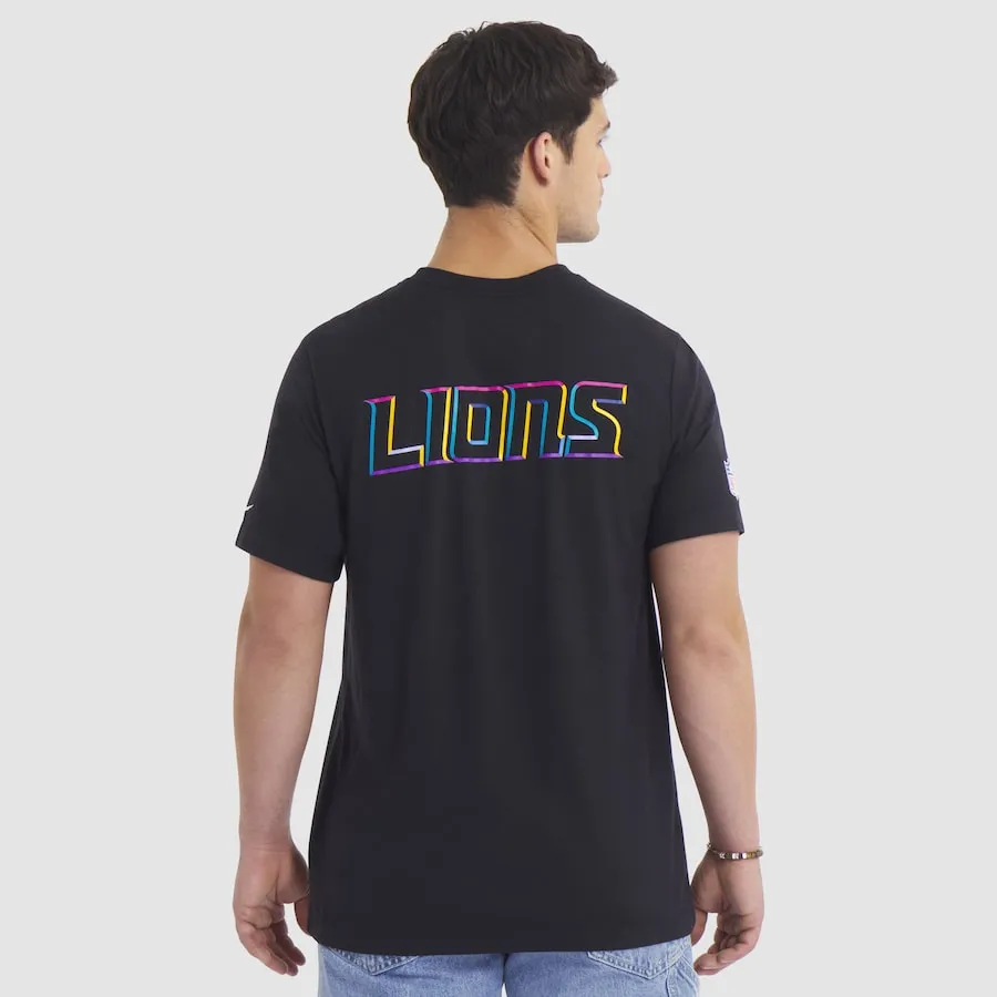 Back view of Detroit Lions black Crucial Catch T‑shirt showing plain design with small NFL logo below collar