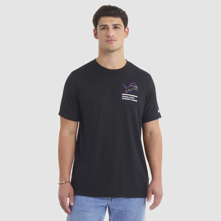 Buffalo Bills black Crucial Catch T‑shirt with team logo and multicolor stripe design supporting cancer awareness