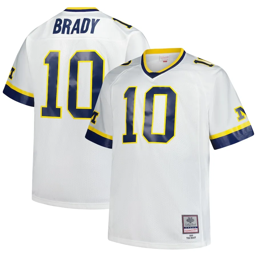 Tom Brady Michigan Wolverines jersey by Mitchell & Ness in Big & Tall sizing, white 1999 throwback style with #10.
