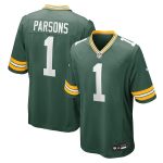 Green and gold Micah Parsons #1 Packers jersey by Nike, featuring screen-printed name and number, breathable mesh panels, and official NFL shield—available in sizes S to 5XL including Big & Tall fits.