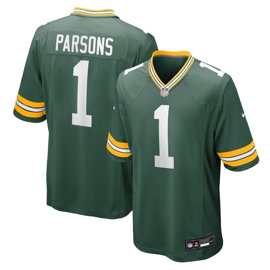 Green and gold Micah Parsons #1 Packers jersey by Nike, featuring screen-printed name and number, breathable mesh panels, and official NFL shield—available in sizes S to 5XL including Big & Tall fits.