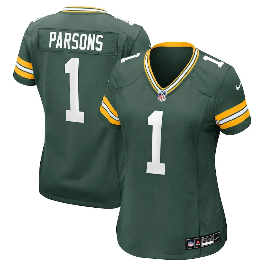 Women's Micah Parsons Packers Jersey by Nike - Green and Gold with White Lettering and Gold and White Stripes on the sleeve.