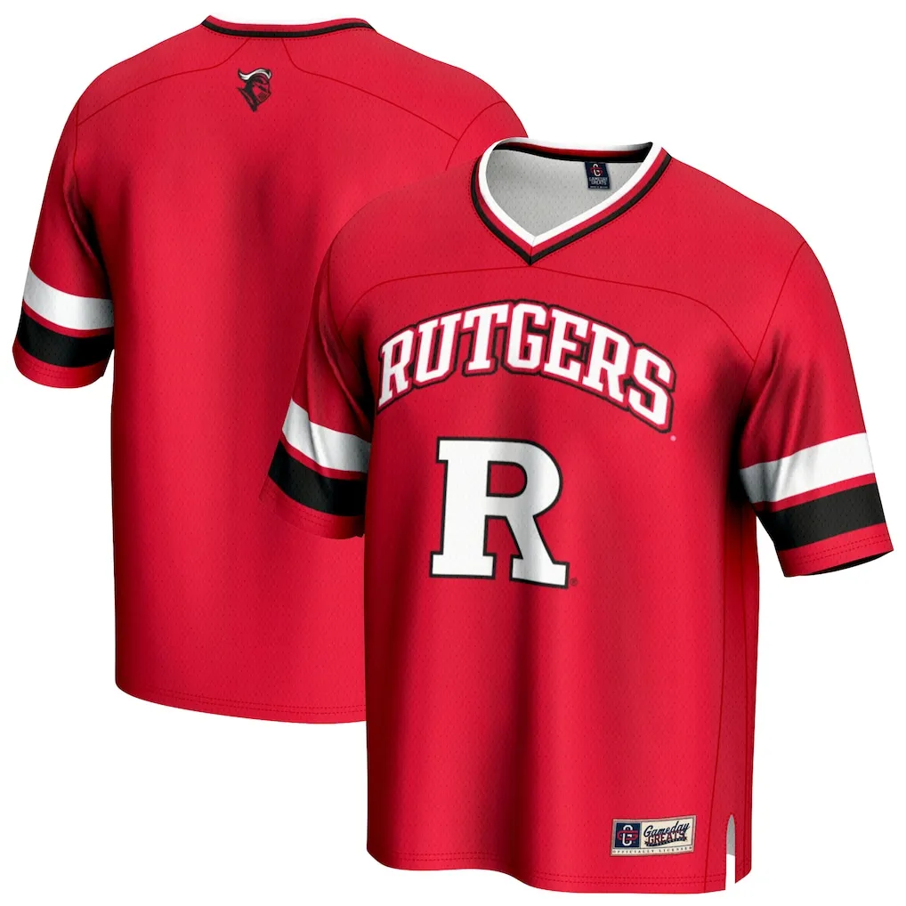 Rutgers football jersey in red with white letters and black stripes